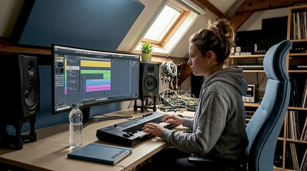 A producer is at home working in his studio with music production software.