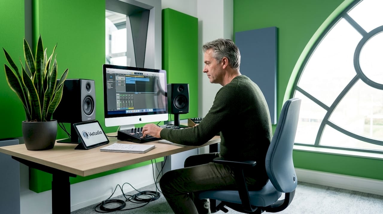 Radio studio with a computer, various sound equipment and a presenter at work