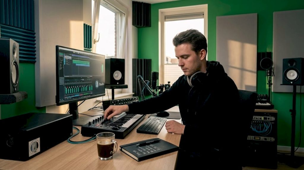 A music producer at work behind his desk in a home studio.
