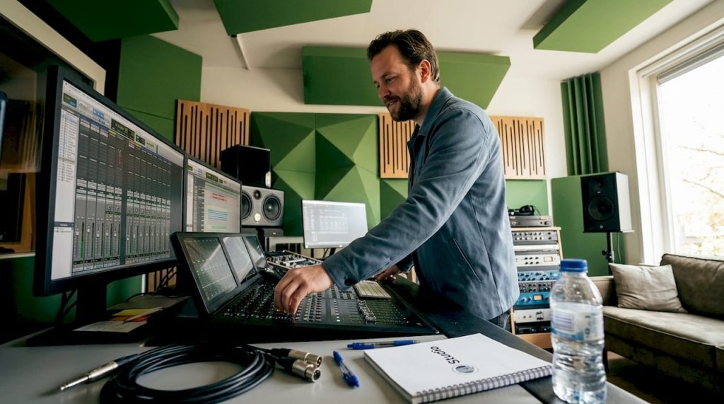 An audio engineer at work behind a studio desk surrounded by sound-absorbing panels.