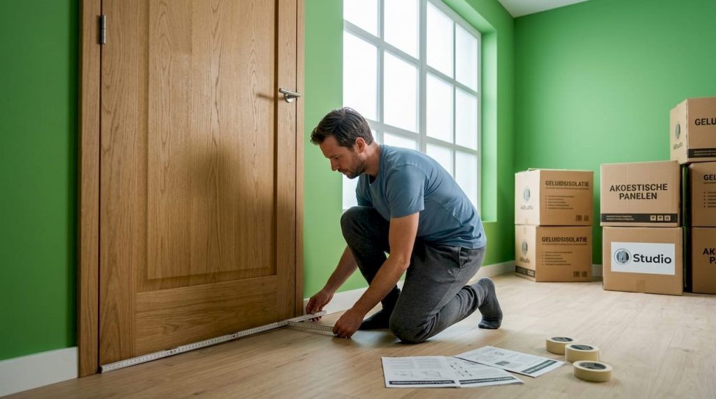 Man checks gap between door and floor in his home studio