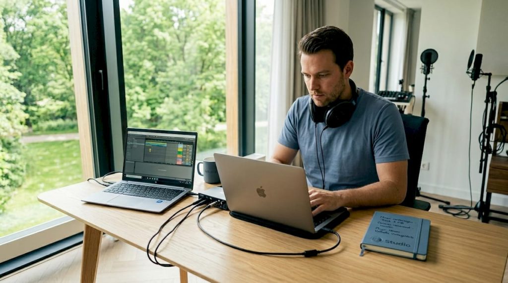 In my home studio, I work with two laptops running Ableton Live.