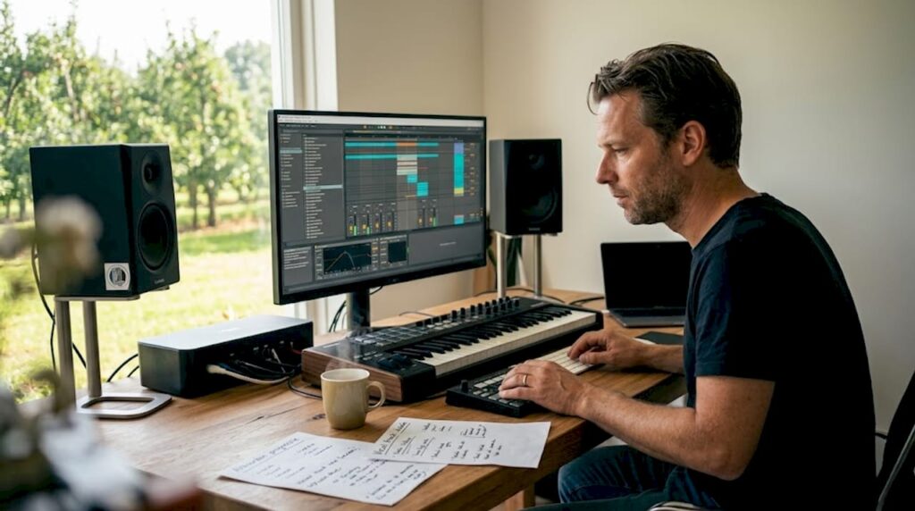A music producer works from home, making ample use of sample libraries.