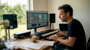 A music producer works from home, making ample use of sample libraries.