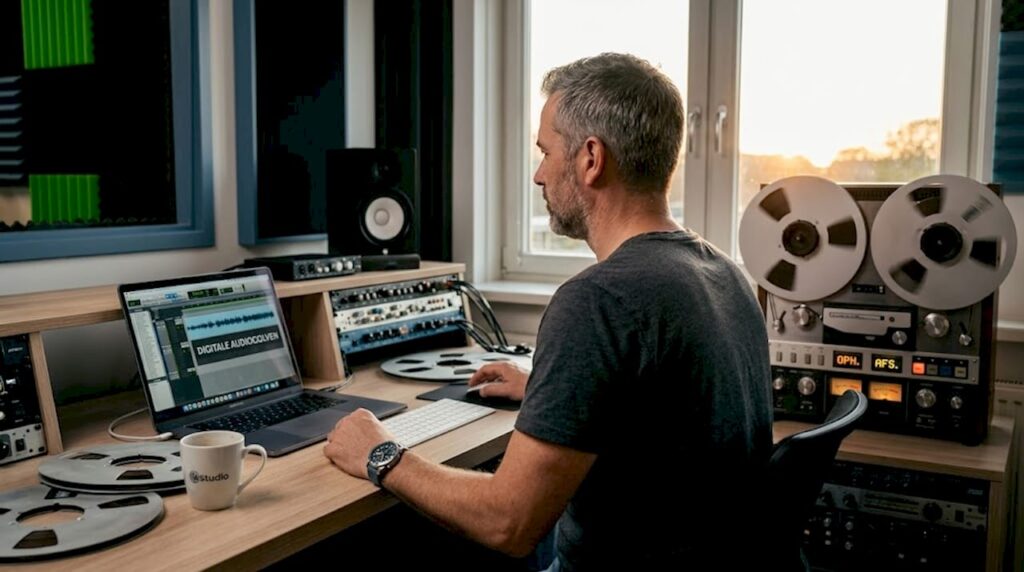 Een geluidstechnicus werkt zowel met analoge als digitale opnameapparatuur om het beste geluid vast te leggen.