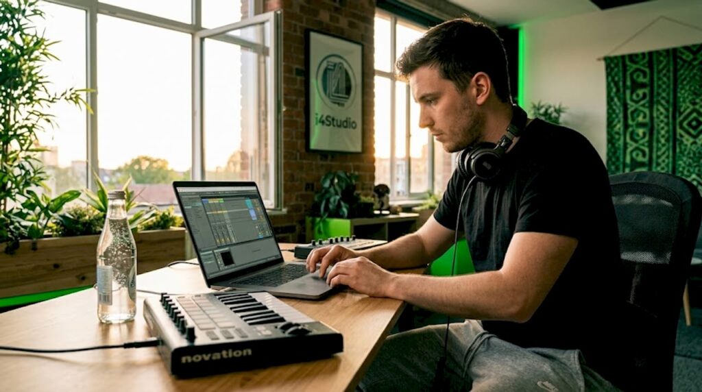 Muzikant zet zijn laptop met Ableton klaar voor het optreden