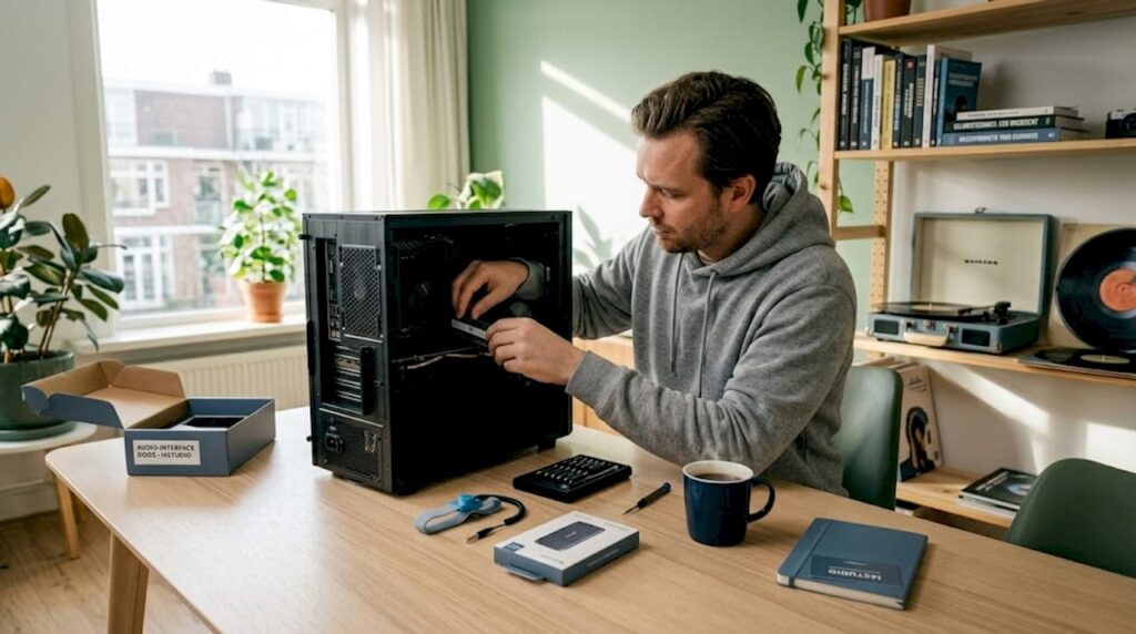Producer stelt thuis zijn eigen studiocomputer samen