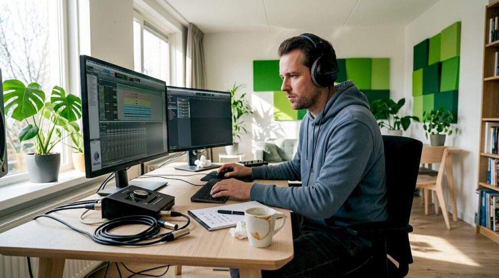 Producer controleert de signaalstromen in zijn thuisstudio