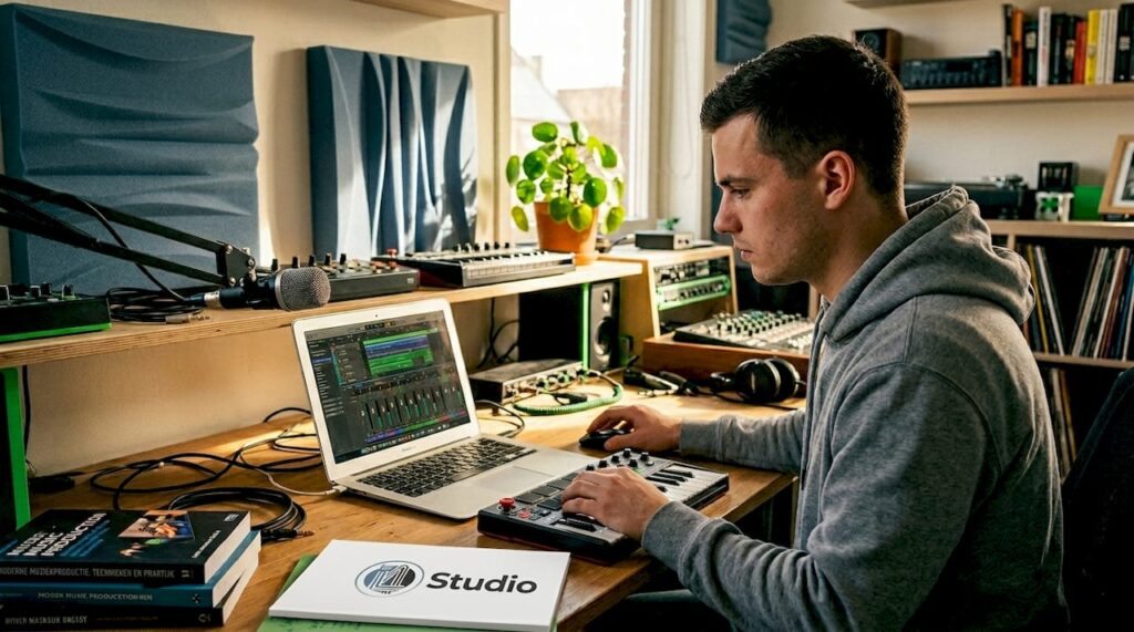 Een beginnende muziekproducer die lekker thuis aan de slag gaat in zijn eigen studio.