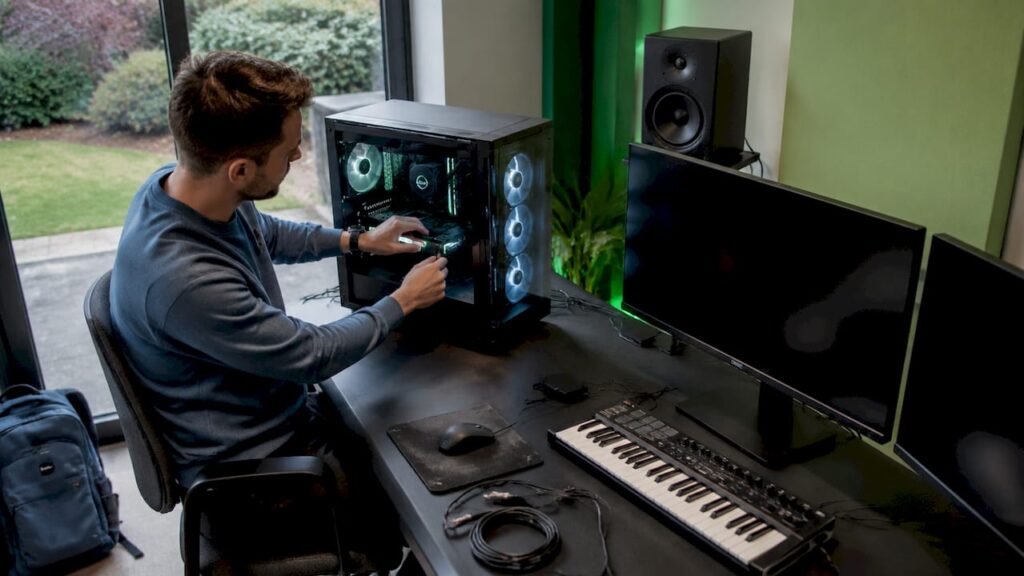 Een technicus stelt de hardware van de studio-pc bij