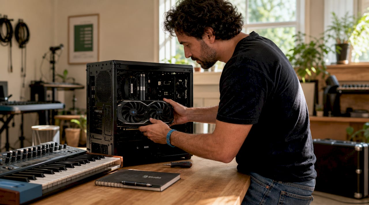 AI computer put together for music production in 2026 3 Man puts powerful video card in computer for AI music project