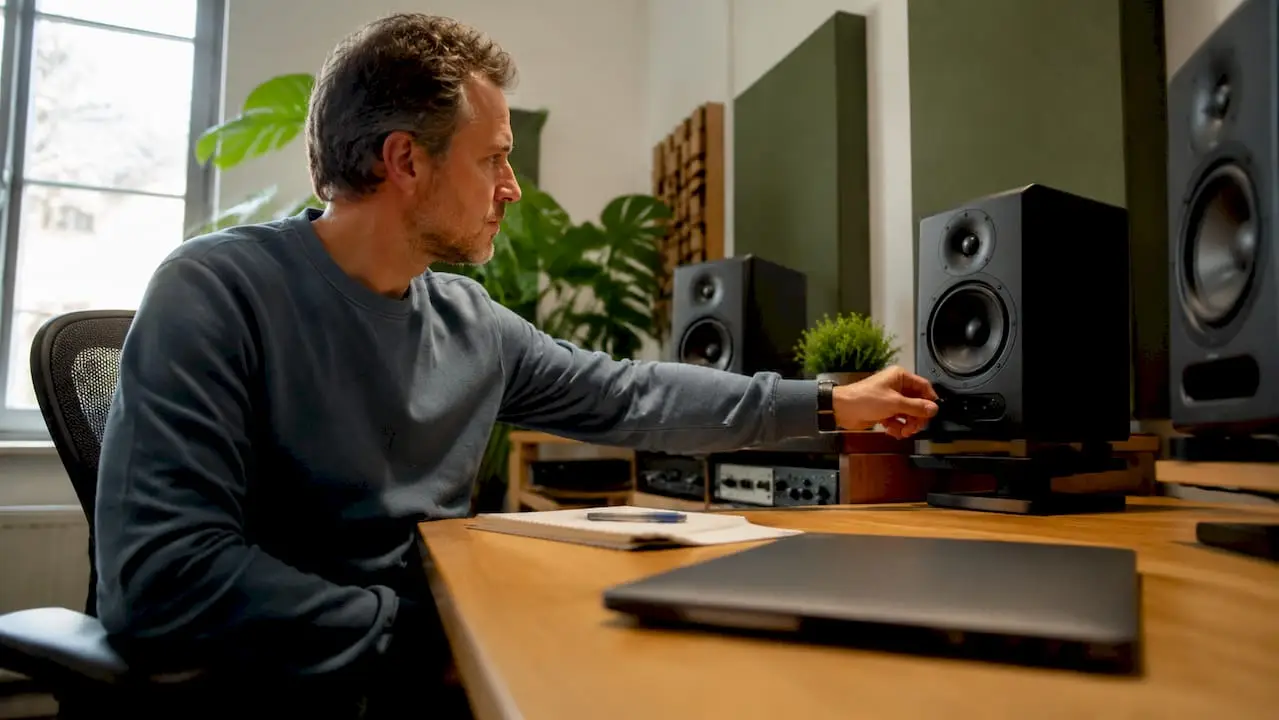 Setup studio monitors guide: proper placement 1 Een man stelt de studiomonitoren af in een professionele studio.