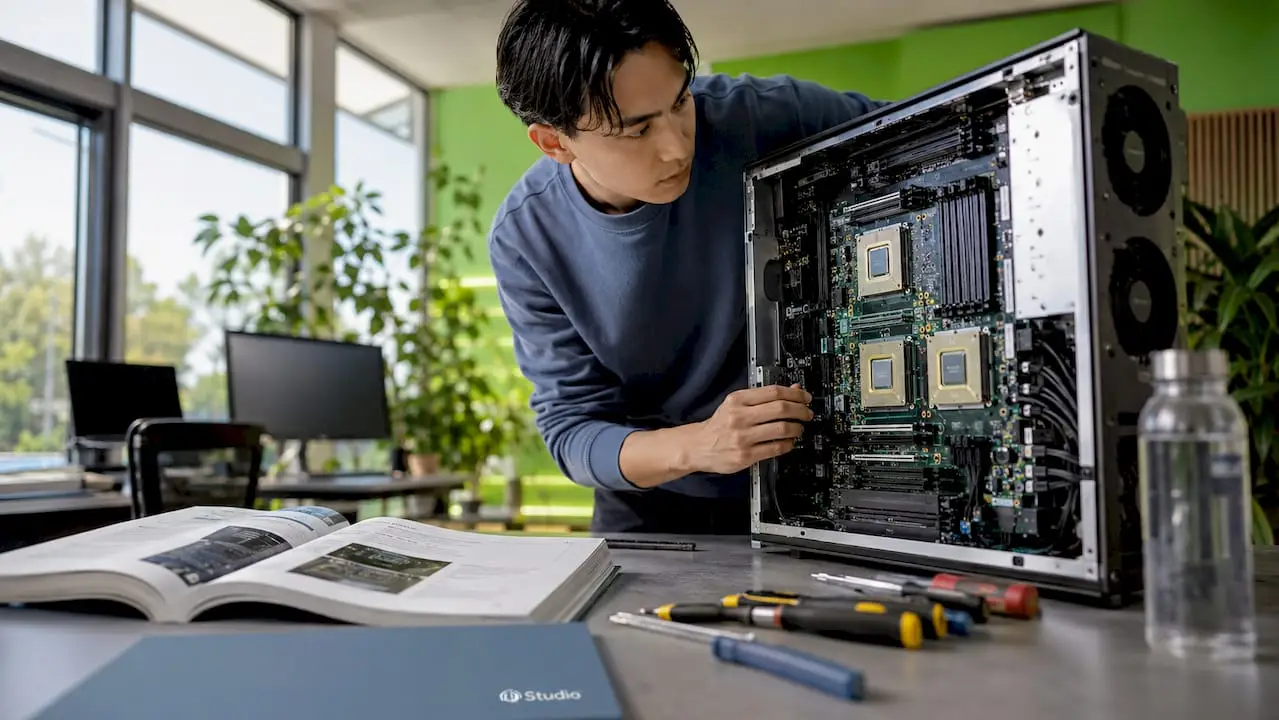 What specifications are essential for an AI computer? 2 Een technicus controleert de hardware van een AI-computer.