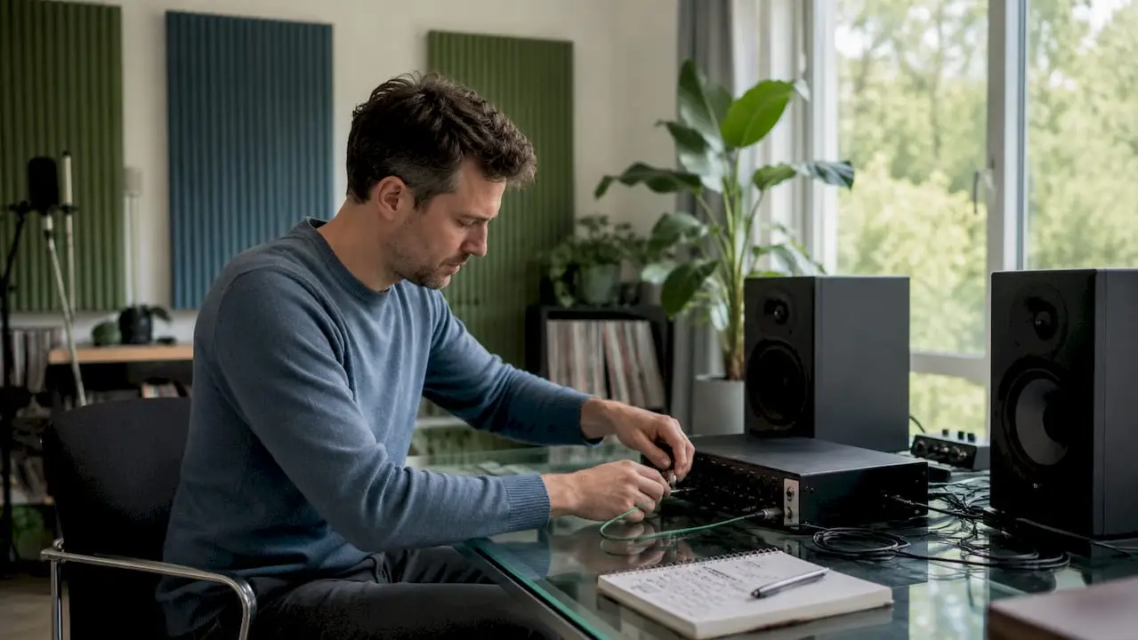 Music Studio Essentials: The Complete Guide 2026 1 Een geluidstechnicus die apparatuur in de muziekstudio aansluit.
