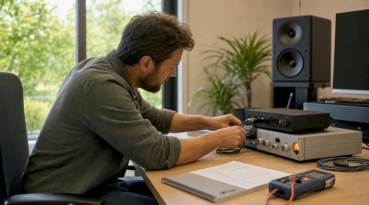 Man legt bekabeling aan en installeert apparatuur in een opnamestudio.