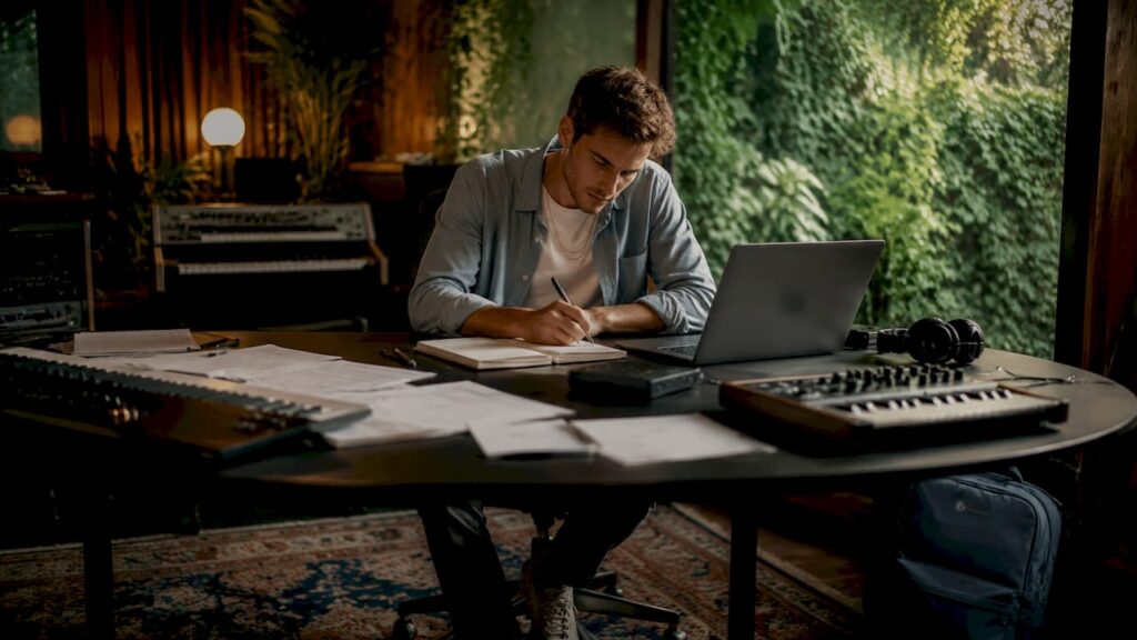A music producer works in the studio using an SSD drive.