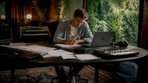 A music producer works in the studio using an SSD drive.