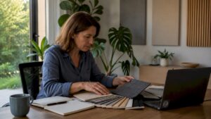 Een vrouw test milieuvriendelijke akoestische panelen in haar studio.