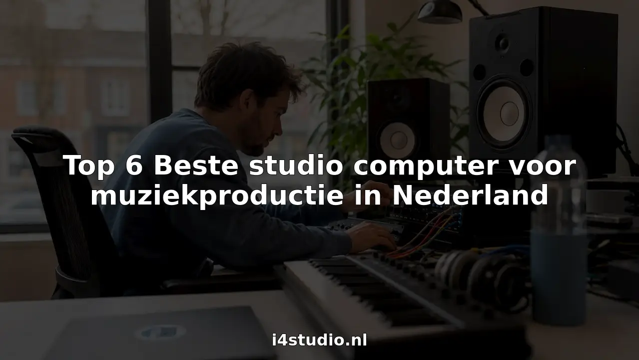 Een muziekproducer aan het werk achter zijn computer in de studio, verbonden met een audio-interface.