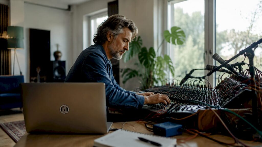 Een muzikant stelt het geluid af achter het mengpaneel in de studio.