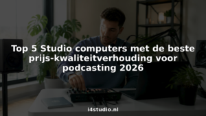 Een podcaster stelt de geluidsapparatuur af in zijn eigen studio aan huis.