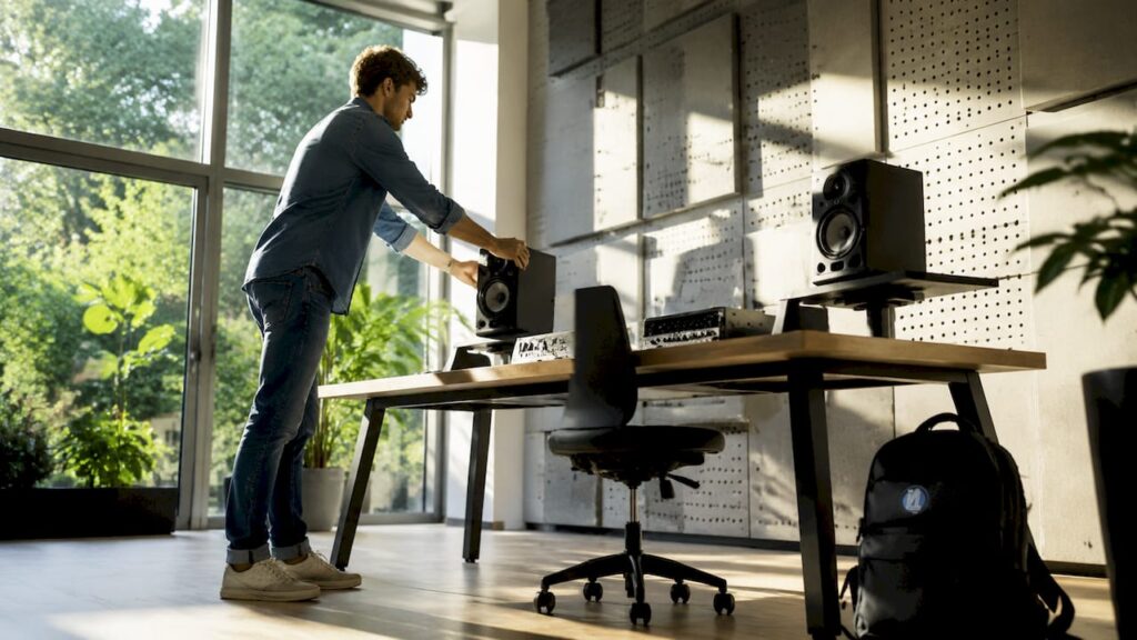 Een geluidstechnicus die het geluid van de studiomonitoren nauwkeurig afstemt.