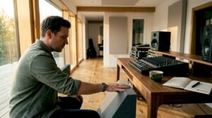 Een muzikant bekijkt in de studio aandachtig de basstrap.