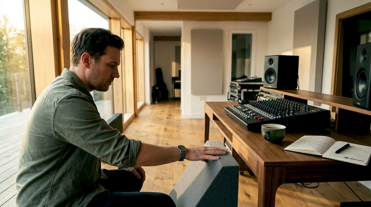 Een muzikant bekijkt in de studio aandachtig de basstrap.