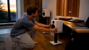 A sound engineer at work in his home studio, surrounded by monitor speakers.
