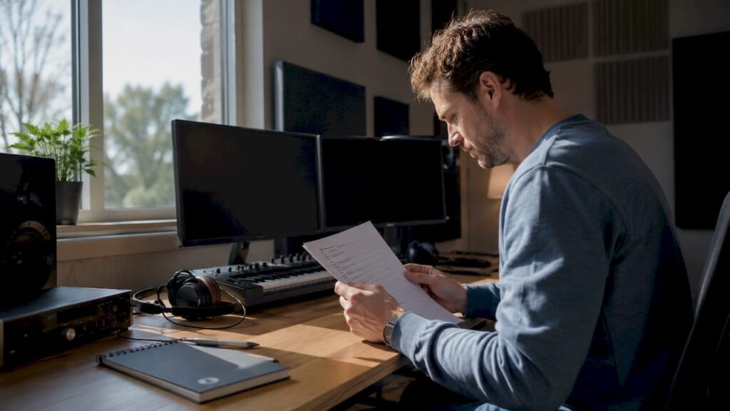 Sound engineer goes through the checklist for the studio computer