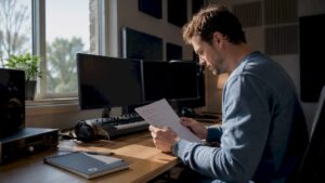 Sound engineer goes through the checklist for the studio computer