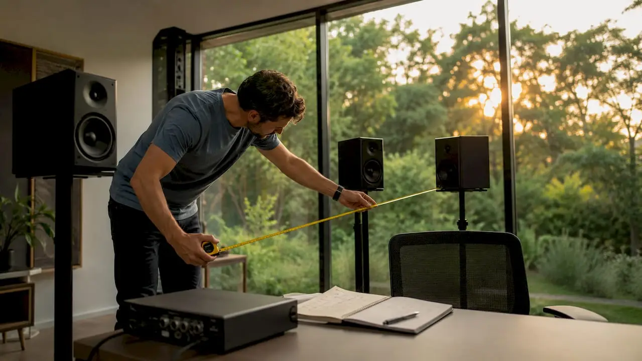 Workflow Studio Monitor Setup: The Complete Guide 7 Man die zijn studio monitoren zorgvuldig opstelt in zijn thuisstudio