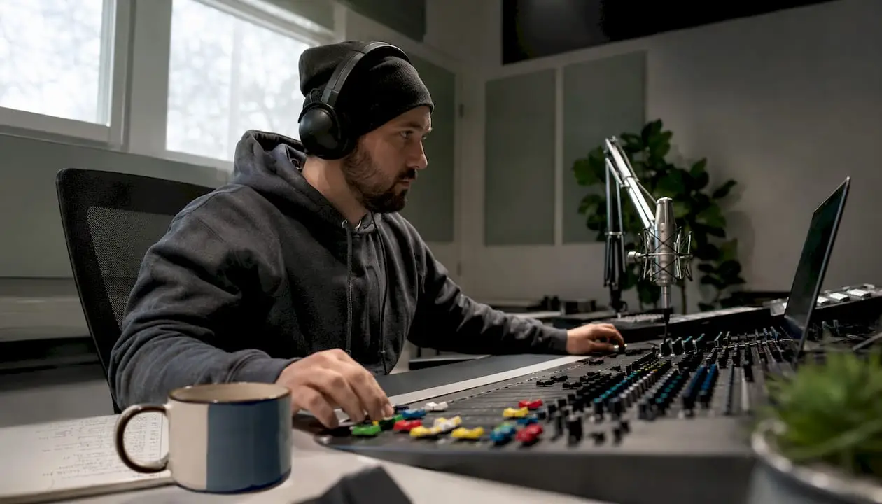 Definition of Headphone Monitoring: A Guide for Audio Professionals 2 Een geluidstechnicus is aan het werk in de studio en luistert nauwkeurig mee via zijn koptelefoon.