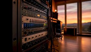 Rackkast in de studio vol met professionele audioapparatuur