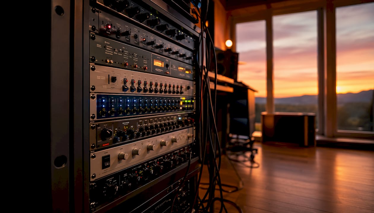 Why Racks Are Essential for Your Studio Setup 1 Rackkast in de studio vol met professionele audioapparatuur