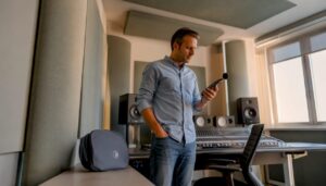 Een inspecteur controleert de geluidsisolatie in de studio.
