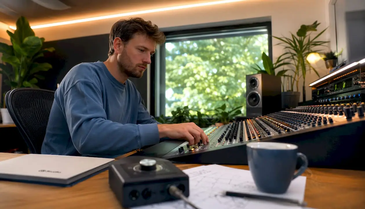 Geluidsengineer bezig met het bewerken en optimaliseren van het geluid bij videoproducties.