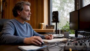 Een geluidstechnicus werkt in de studio met twee beeldschermen naast elkaar.