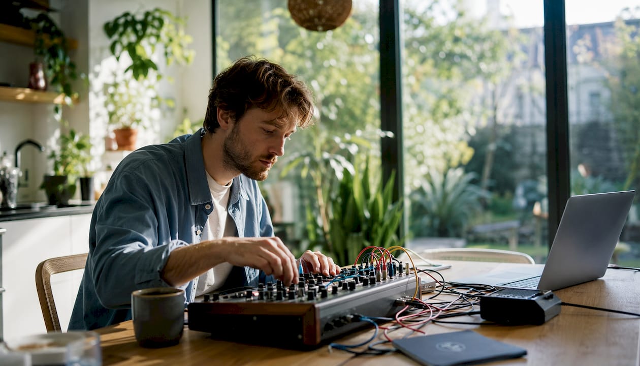Een muzikant draait aan de knoppen van een analoge synthesizer om het geluid precies goed af te stellen.