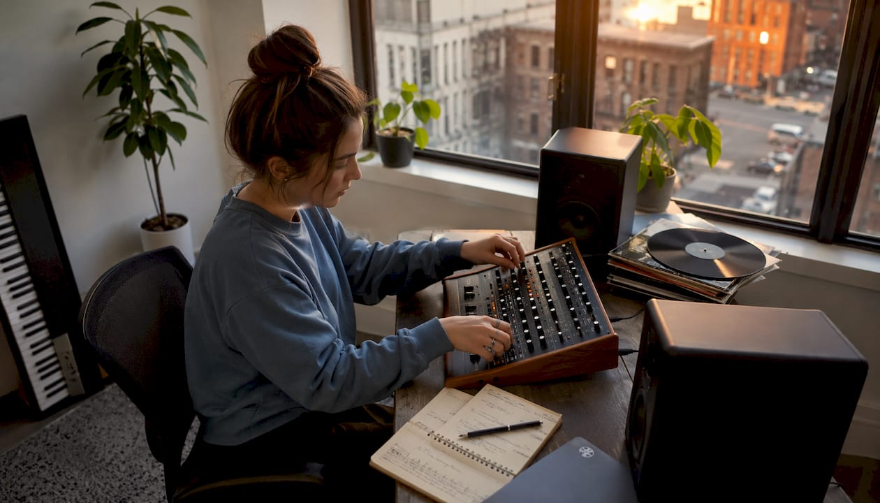 Muziekproducer die vanuit zijn eigen thuisstudio werkt.