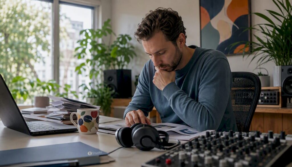 Een geluidstechnicus die de specificaties van verschillende studiocomponenten naast elkaar legt om te bepalen welke apparatuur het beste bij zijn projecten past.