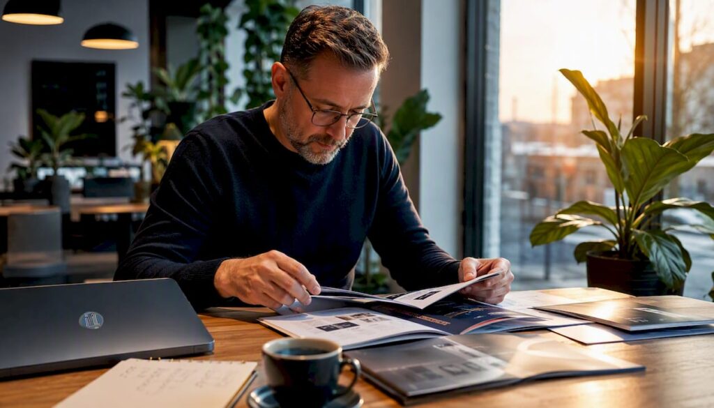 Een man bekijkt verschillende alternatieven voor Studiocare aan zijn bureau.