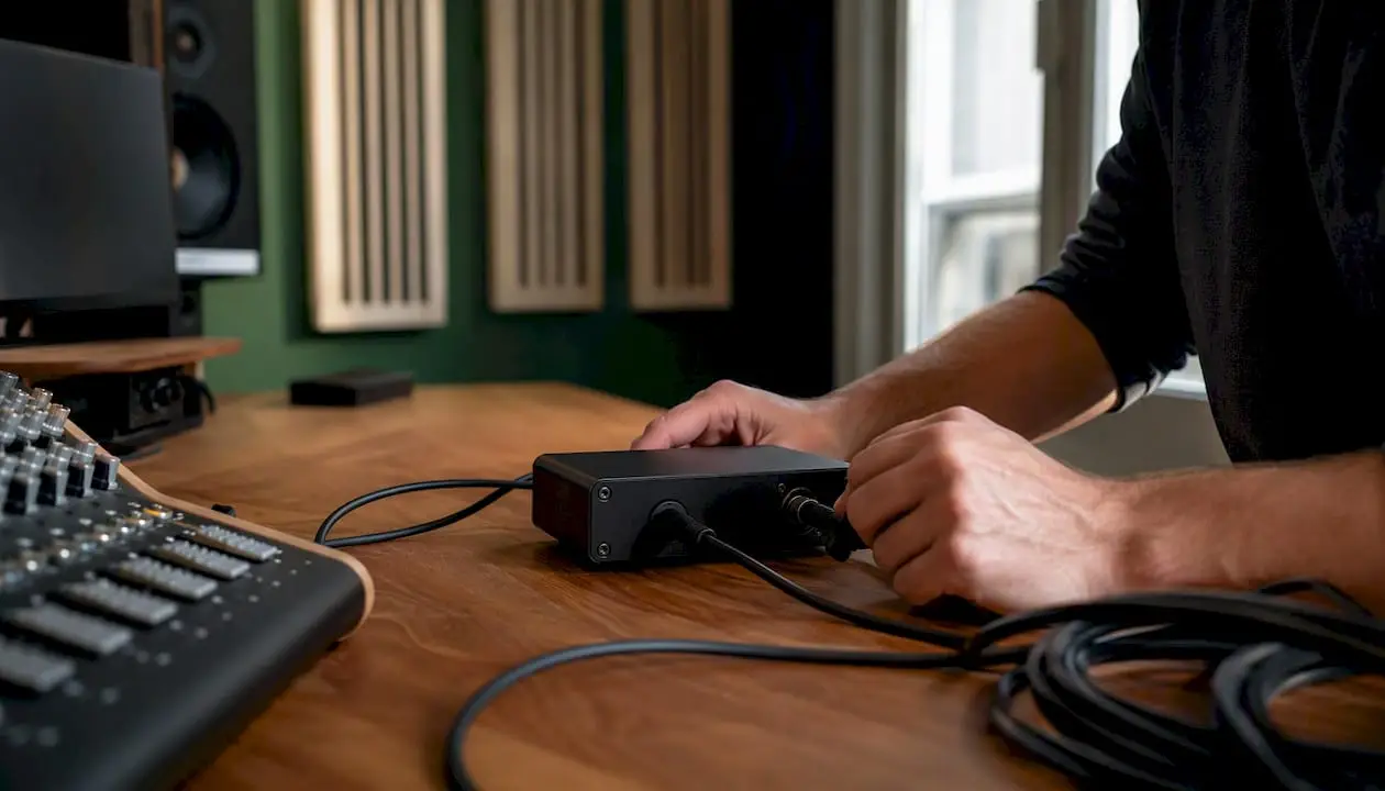 How to Use the Hum Eliminator: A Guide for Musicians 2 Iemand sluit een kabel aan op een bromonderdrukker.