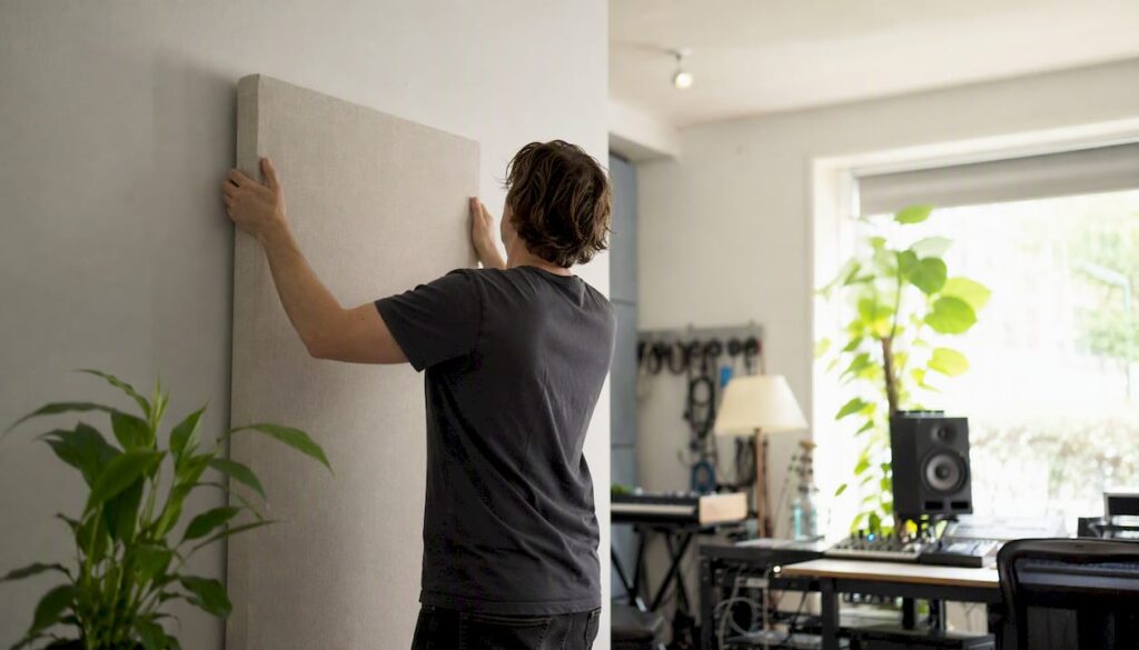 Met zorg worden akoestische panelen gemonteerd in een thuisstudio.