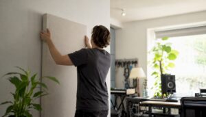 Met zorg worden akoestische panelen gemonteerd in een thuisstudio.