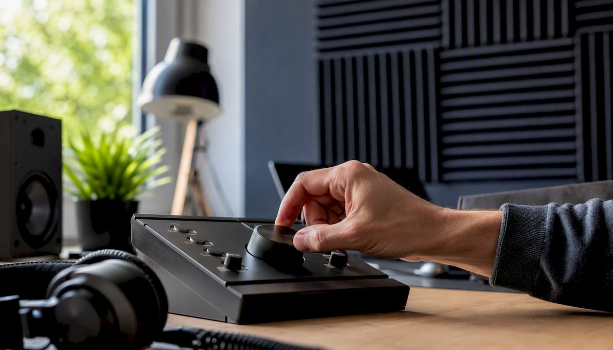 Choosing the Right Monitor Controller for Your Studio 1 Een paar handen draait aan de volumeknop van een studiomonitor.