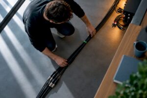 Balanced studio cables neatly routed along the equipment
