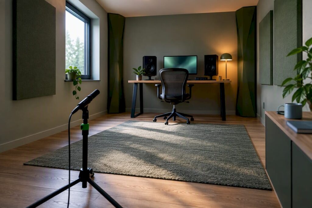 Rectangular home studio with bass traps