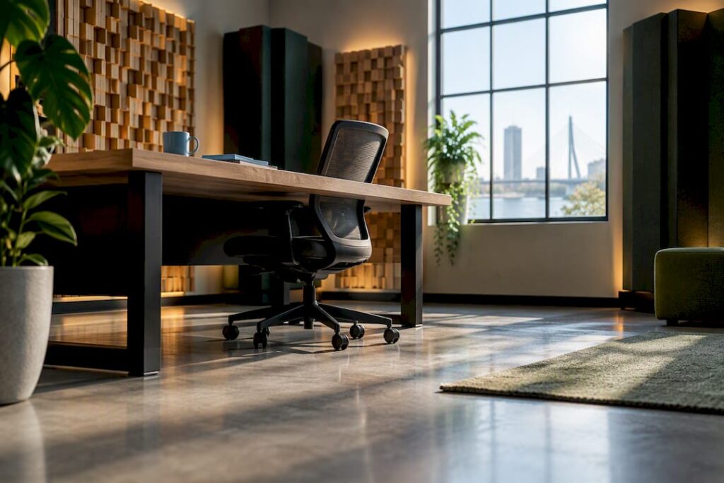Studio with acoustic panels and an open-concept office