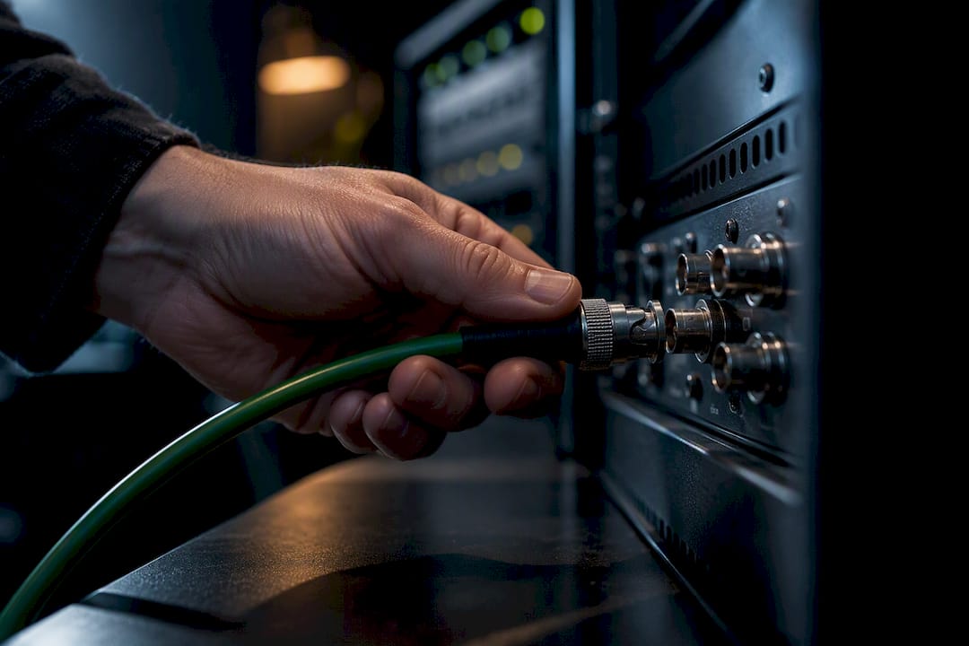 Word Clock Explained: How a Master Clock Keeps Your Studio in Sync 1 BNC cable connected for studio synchronization